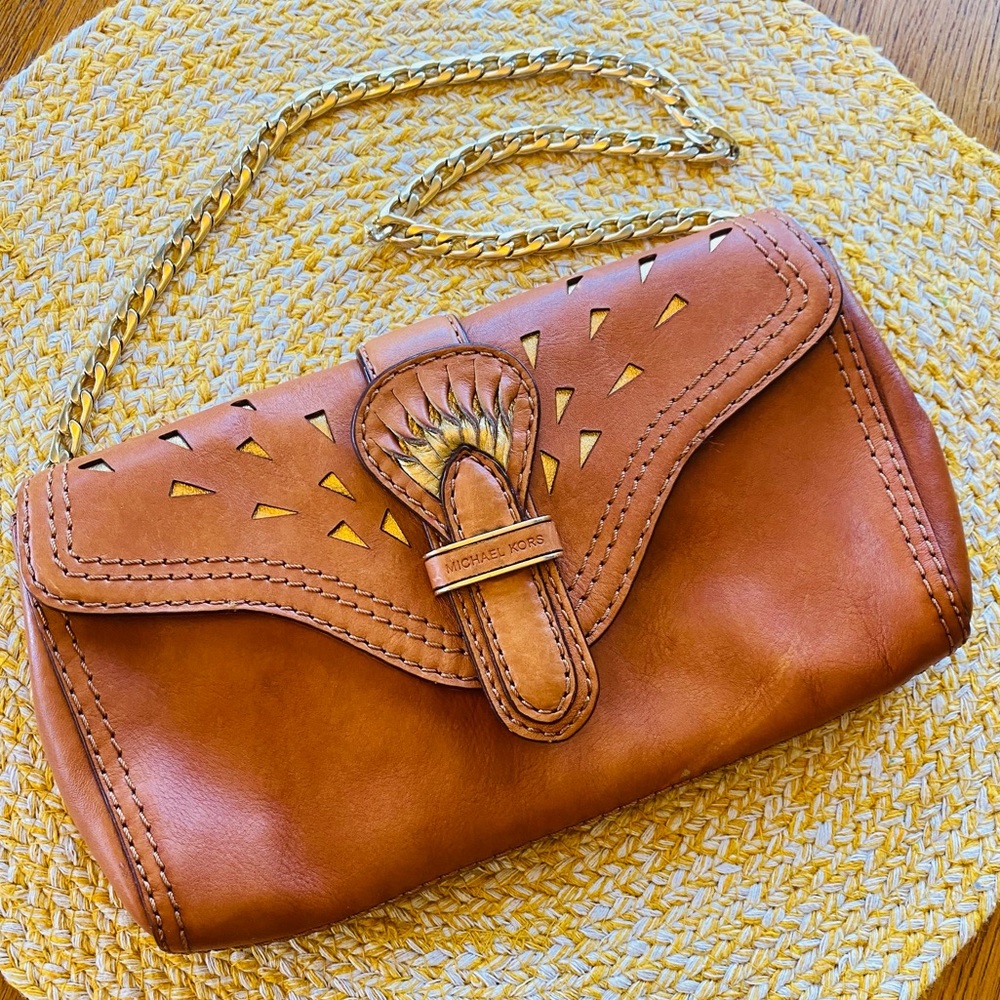 Michael Kors Brown Leather Tooled Laser Cut Shoulder Bag Gold Chain